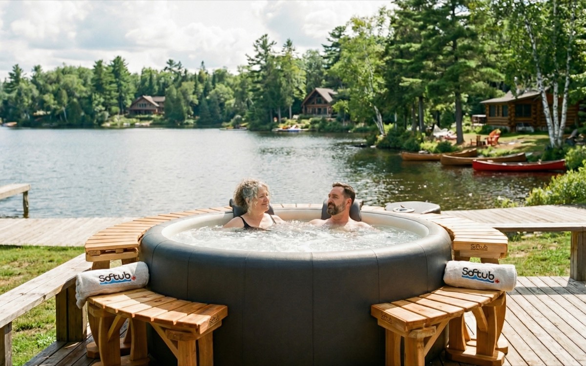 A couple relaxing in a Softub portable hot tub on a lakeside deck